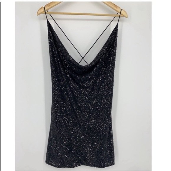 JAYGODFREY Black Sequin Cowlneck Mini Dress with Crisscross Back - Picture 5 of 6